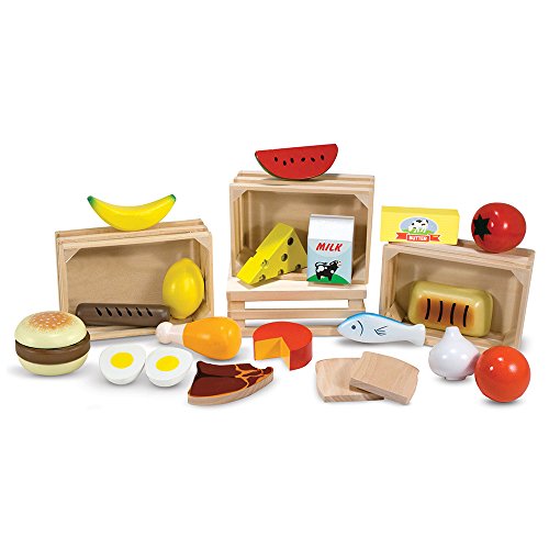 Melissa & Doug Grupos de Alimentos de Juguete, Juguete de Madera, Juego de Imitación (21 Piezas de Madera Pintadas a Mano y 4 Cajones)