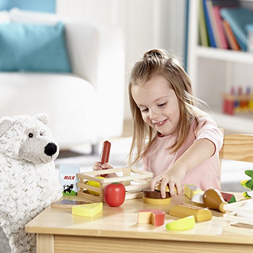 Melissa & Doug Grupos de Alimentos de Juguete, Juguete de Madera, Juego de Imitación (21 Piezas de Madera Pintadas a Mano y 4 Cajones)