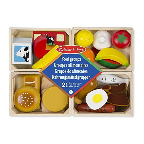 Melissa & Doug Grupos de Alimentos de Juguete, Juguete de Madera, Juego de Imitación (21 Piezas de Madera Pintadas a Mano y 4 Cajones)