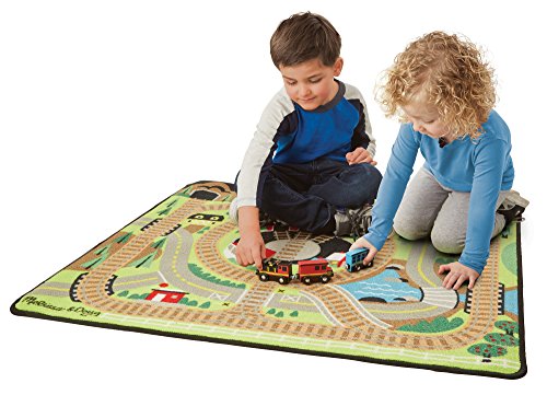 Melissa & Doug Alrededor del Ferrocarril - Alfombra de tren con 3 vagones de tren de madera que se conectan (100 x 91 cm)