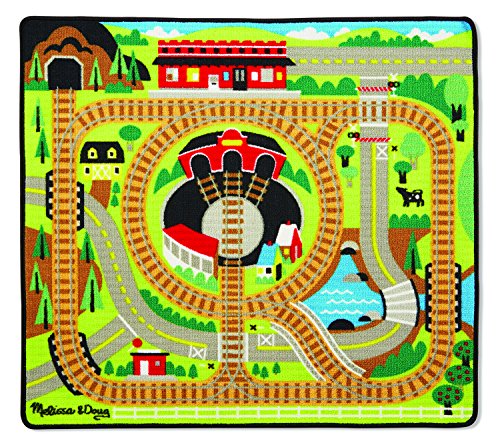 Melissa & Doug Alrededor del Ferrocarril - Alfombra de tren con 3 vagones de tren de madera que se conectan (100 x 91 cm)