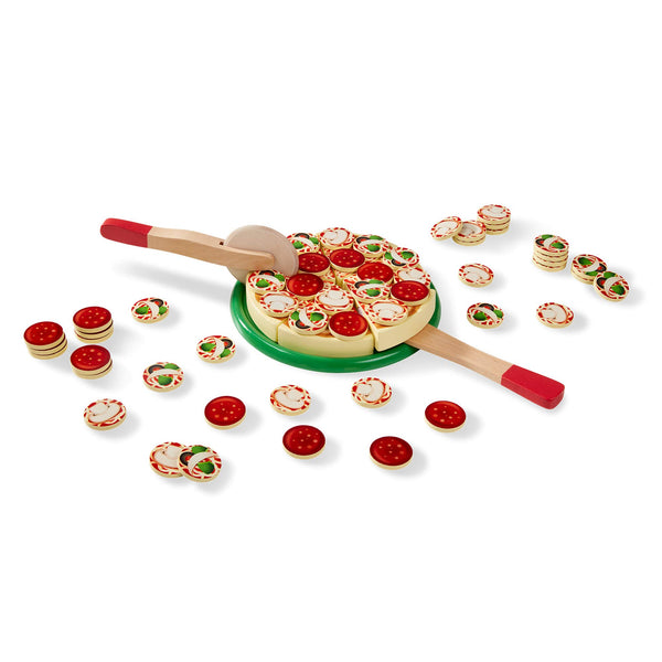 Melissa & Doug Alimentos de madera para fiesta de pizza, juego de  imitación de hacer pizza, pestañas autoadhesivas, más de 54 piezas, 4.572 cm alto × 22.86 cm ancho × 133.782 cm largo - Ivanna & Pau - Juguetes, material didactico y productos para niños y el bienestar familiar